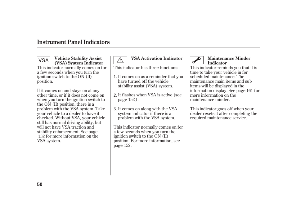 Instrument panel indicators | HONDA 2008 S2000 User Manual | Page 56 / 270