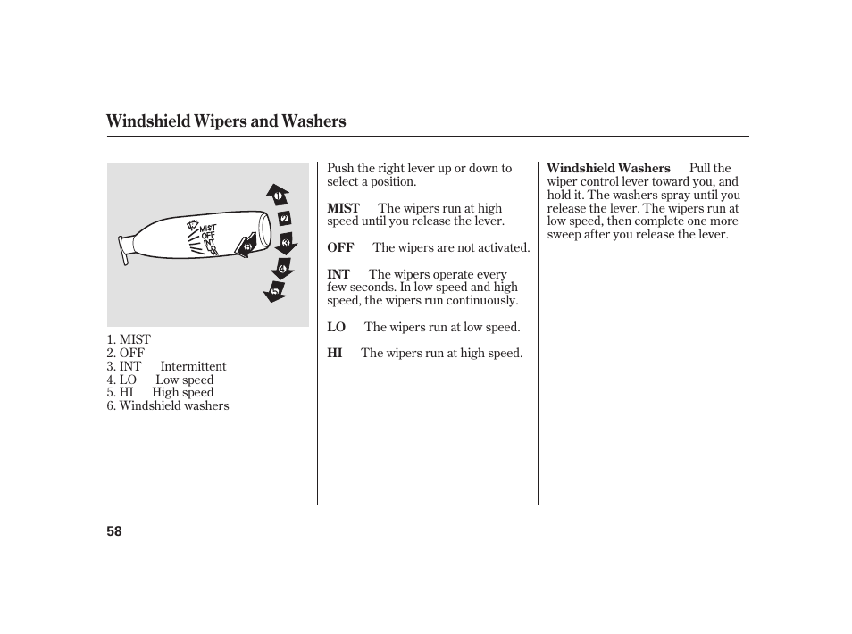 Windshield wipers and washers | HONDA 2008 S2000 User Manual | Page 64 / 270