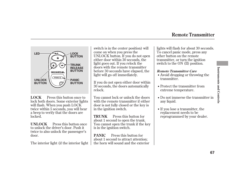 Remote transmitter | HONDA 2008 S2000 User Manual | Page 73 / 270