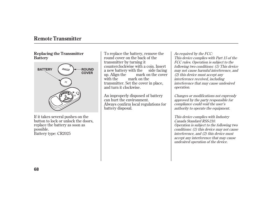 Remote transmitter | HONDA 2008 S2000 User Manual | Page 74 / 270