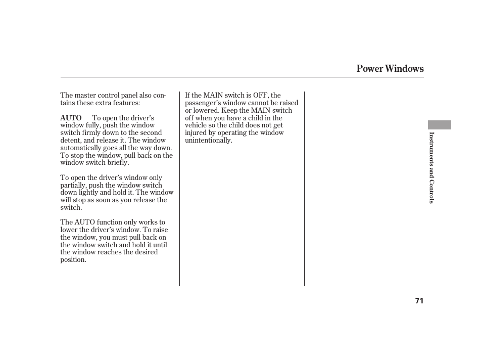 Power windows | HONDA 2008 S2000 User Manual | Page 77 / 270