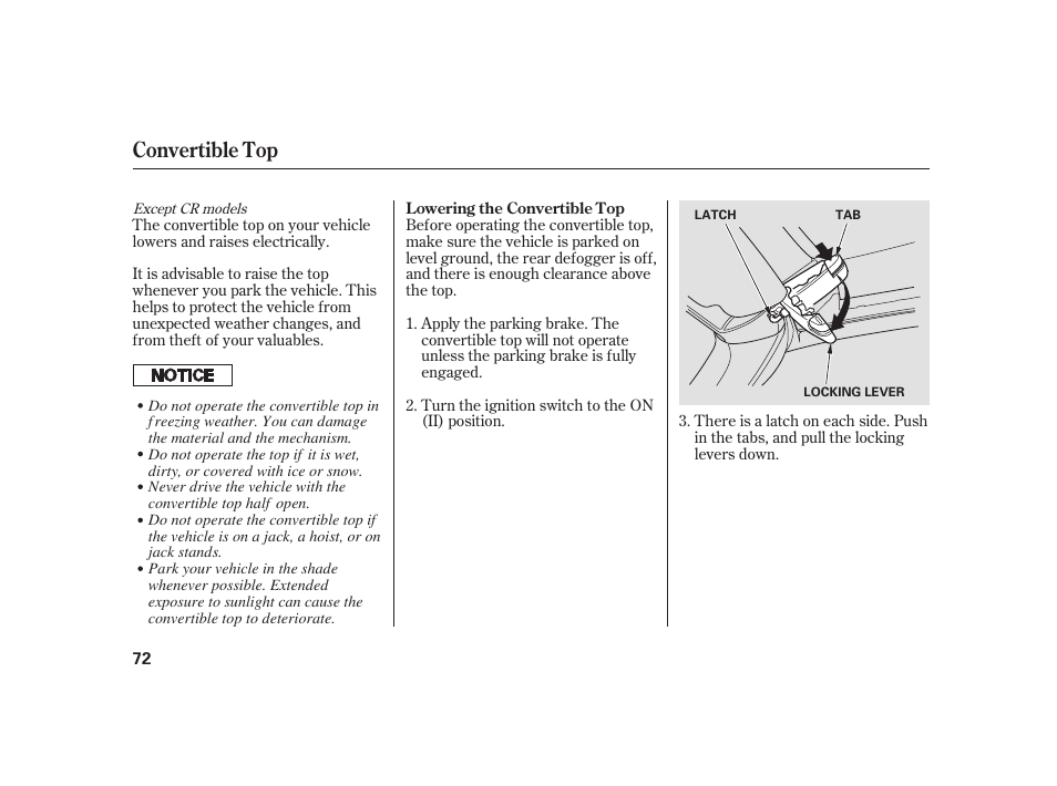 Convertible top | HONDA 2008 S2000 User Manual | Page 78 / 270