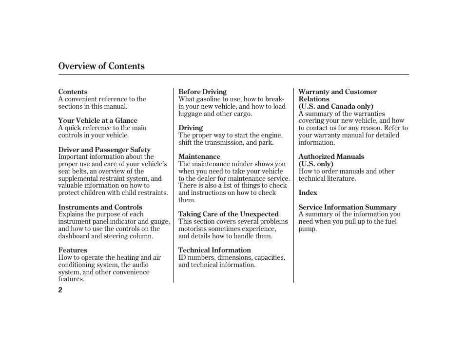 Overview of contents | HONDA 2008 S2000 User Manual | Page 8 / 270