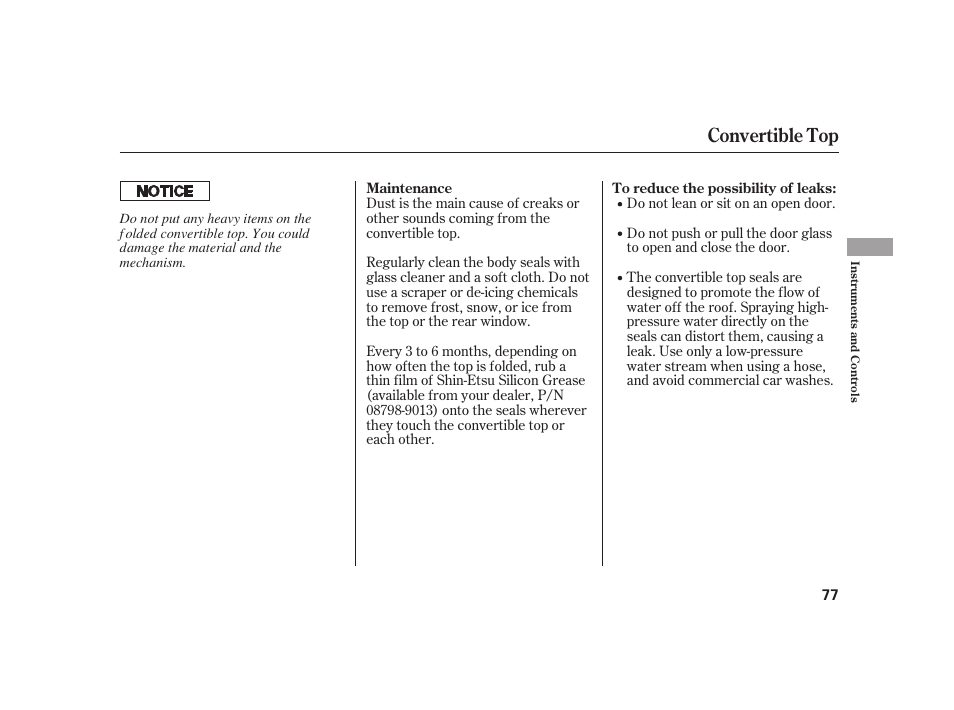 Convertible top | HONDA 2008 S2000 User Manual | Page 83 / 270