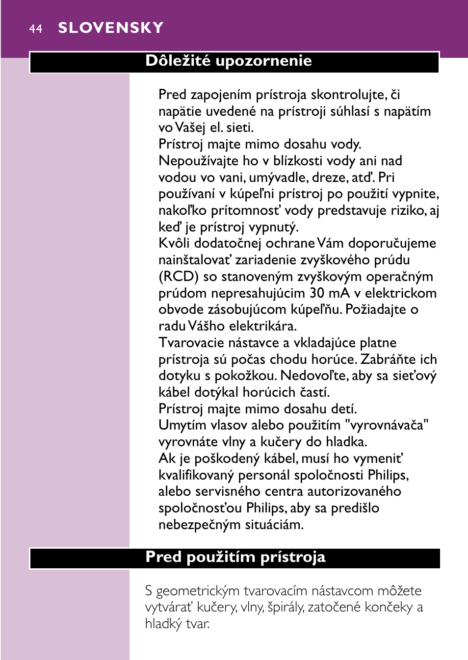 Slovensky 44 | Philips hp4696 00 User Manual | Page 44 / 100