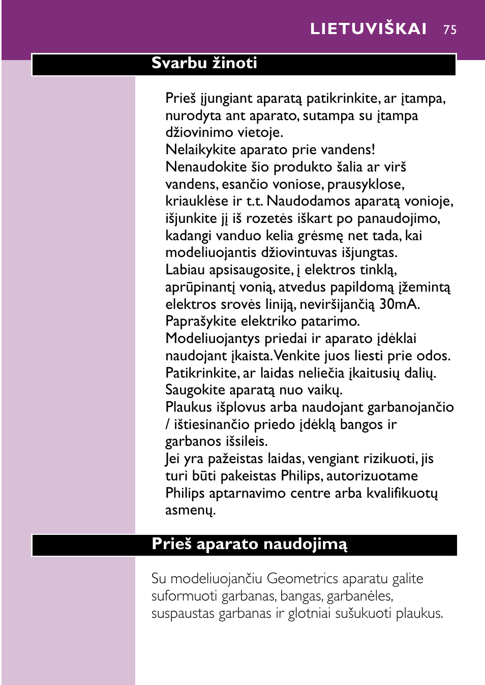 Lietuviškai 75 | Philips hp4696 00 User Manual | Page 75 / 100