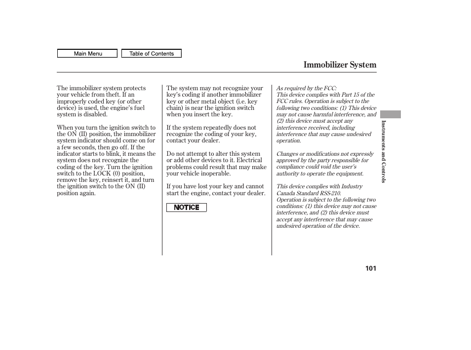 Immobilizer system, 2011 ridgeline | HONDA 2011 Ridgeline User Manual | Page 105 / 423