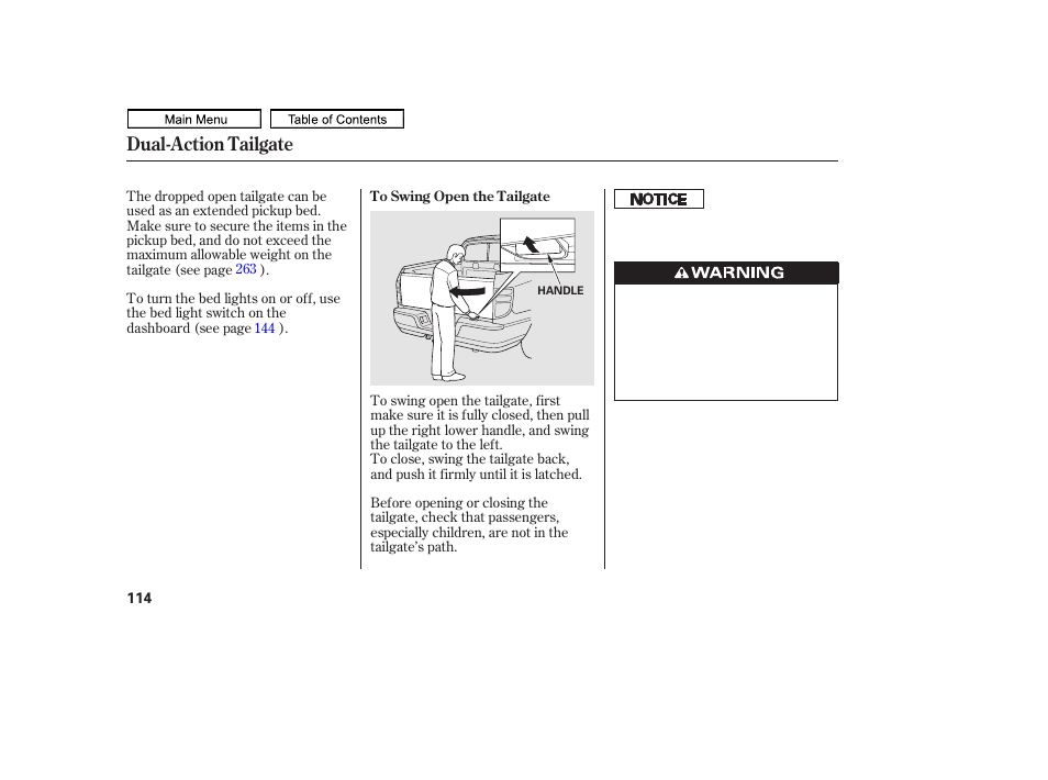 Dual-action tailgate | HONDA 2011 Ridgeline User Manual | Page 118 / 423