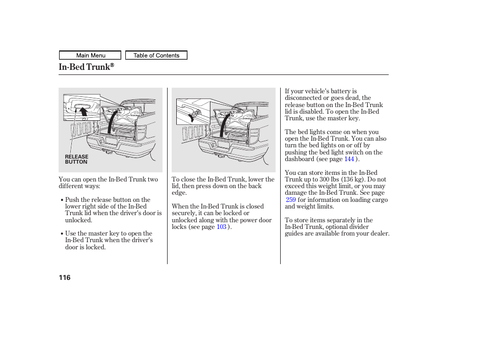 In-bed trunk | HONDA 2011 Ridgeline User Manual | Page 120 / 423