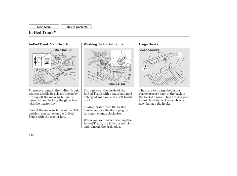 In-bed trunk | HONDA 2011 Ridgeline User Manual | Page 122 / 423