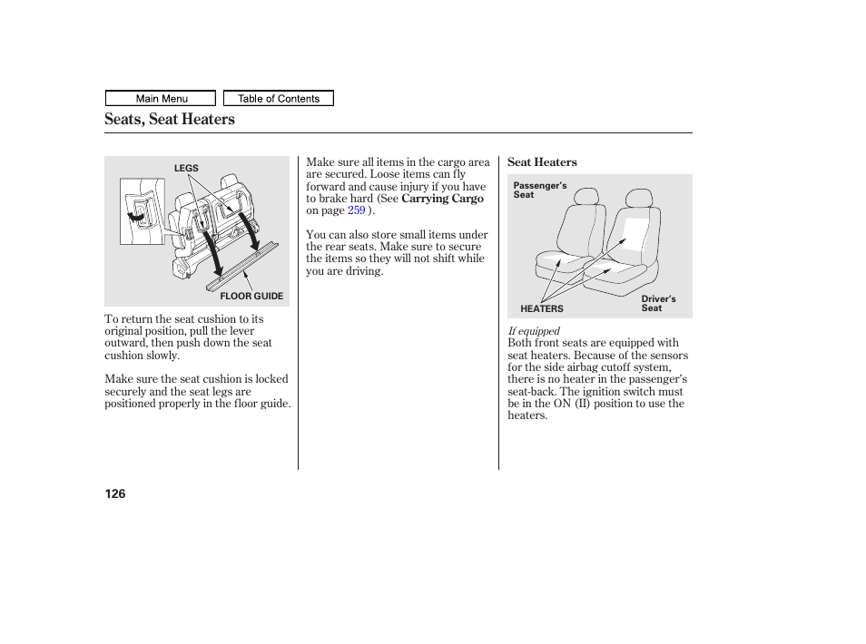 Seats, seat heaters | HONDA 2011 Ridgeline User Manual | Page 130 / 423