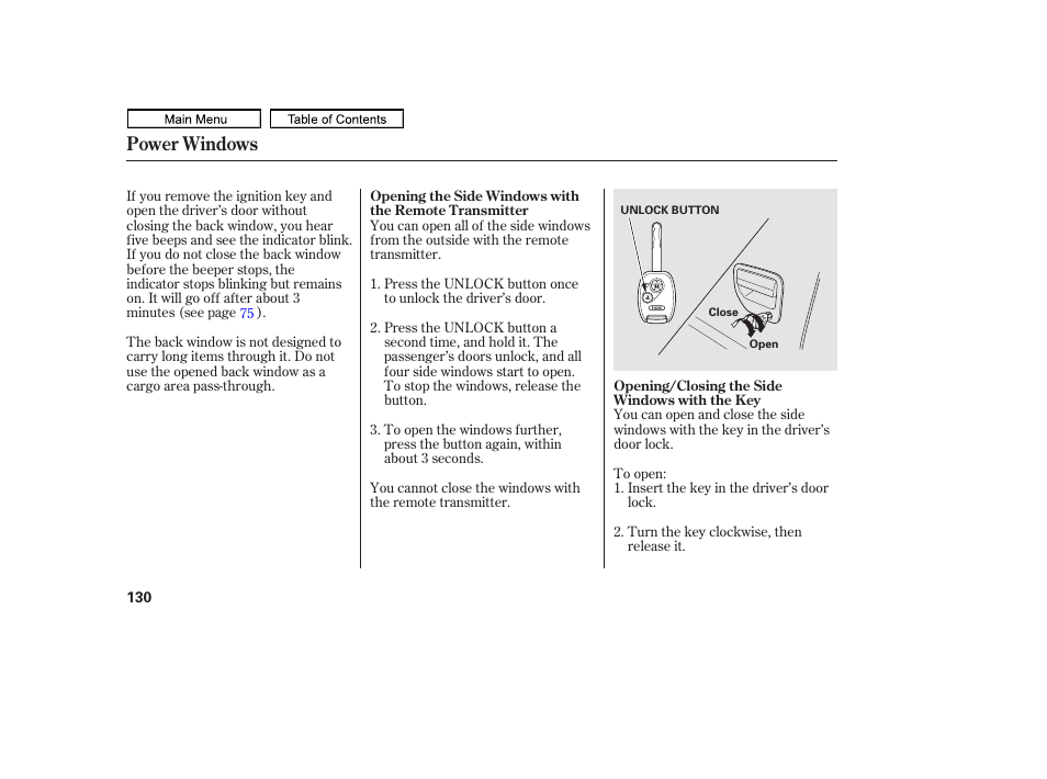 Power windows | HONDA 2011 Ridgeline User Manual | Page 134 / 423