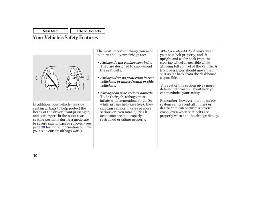 Your vehicle’s safety features | HONDA 2011 Ridgeline User Manual | Page 14 / 423