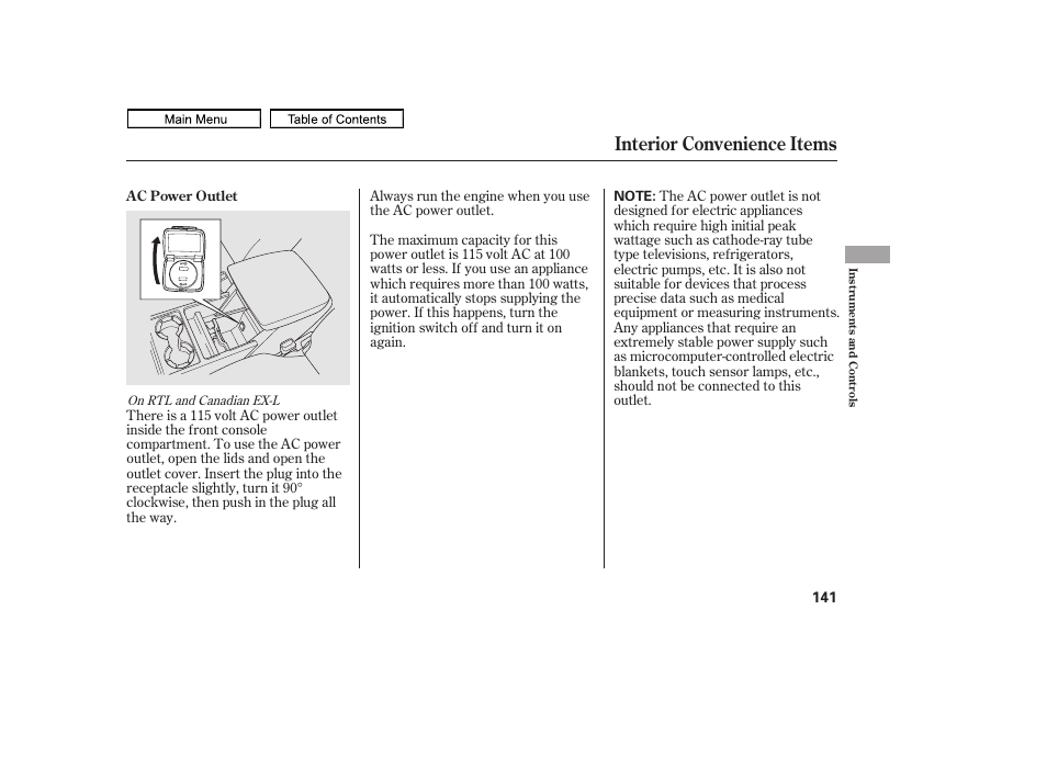 Interior convenience items, 2011 ridgeline | HONDA 2011 Ridgeline User Manual | Page 145 / 423