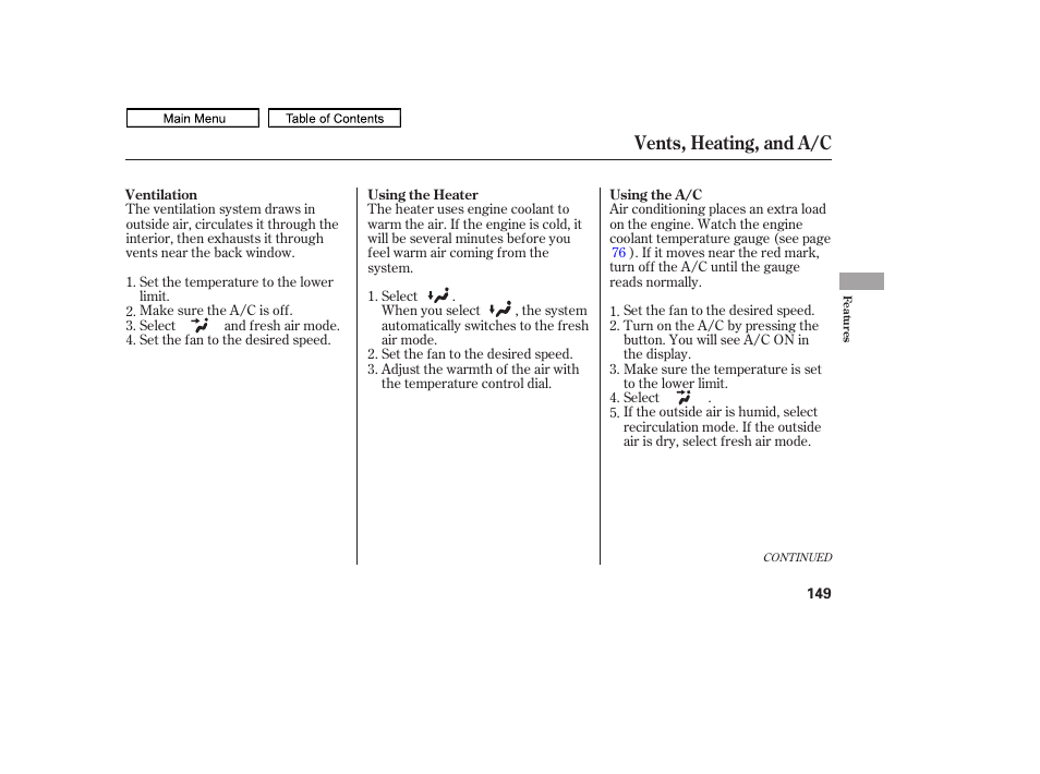 Vents, heating, and a/c | HONDA 2011 Ridgeline User Manual | Page 153 / 423
