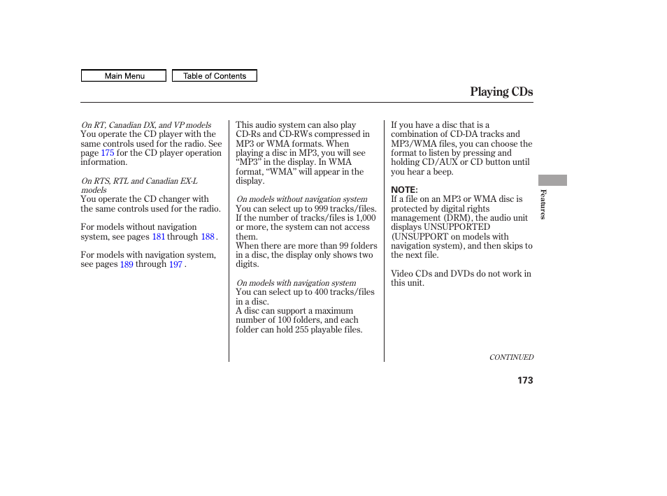 Playing cds | HONDA 2011 Ridgeline User Manual | Page 177 / 423