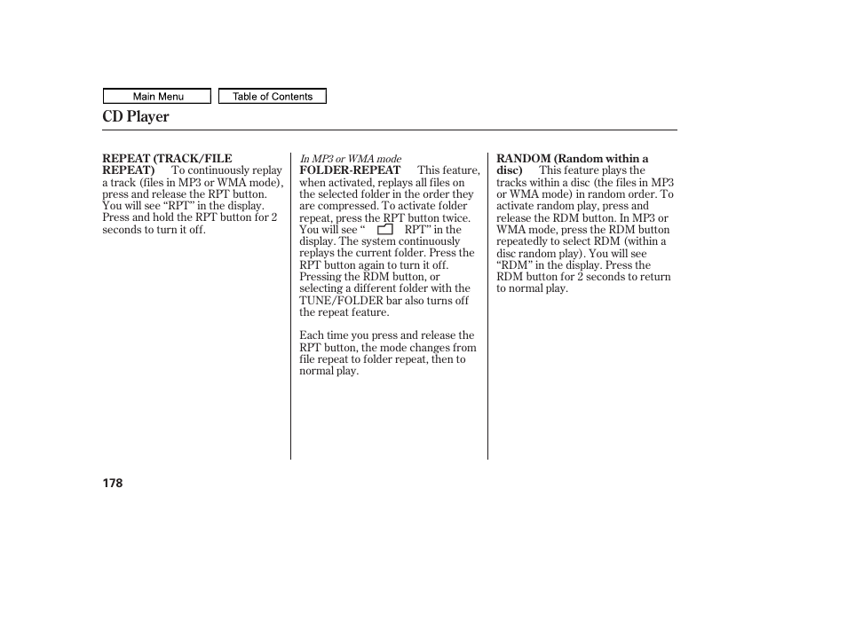 Cd player | HONDA 2011 Ridgeline User Manual | Page 182 / 423