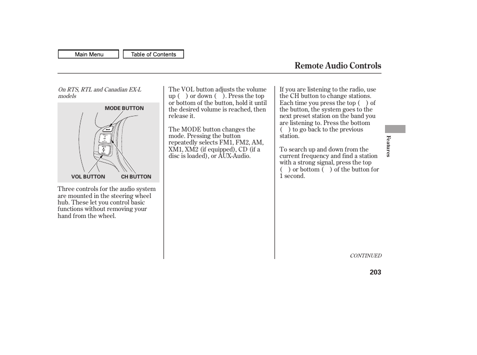 Remote audio controls | HONDA 2011 Ridgeline User Manual | Page 207 / 423