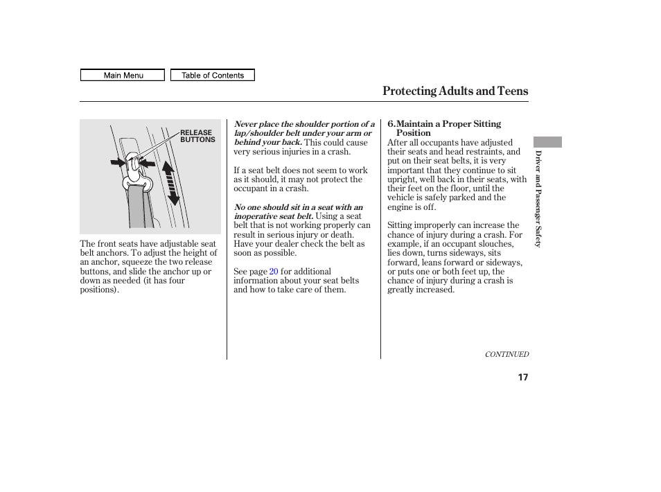 Protecting adults and teens | HONDA 2011 Ridgeline User Manual | Page 21 / 423