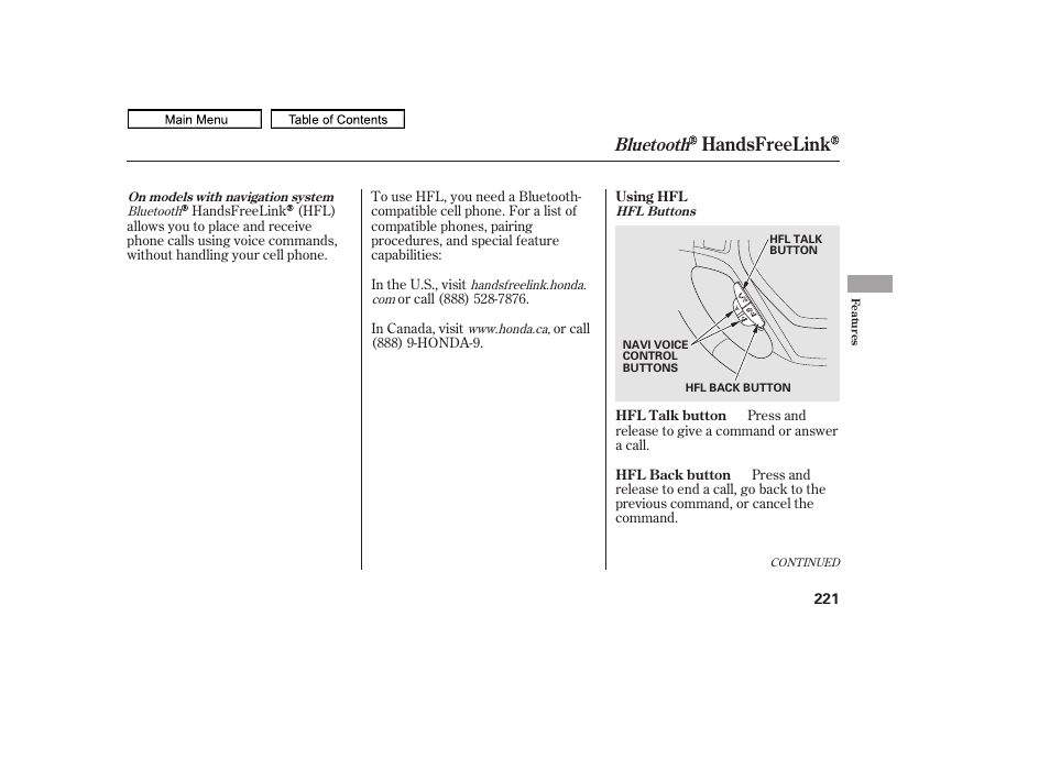 Handsfreelink, Bluetooth | HONDA 2011 Ridgeline User Manual | Page 225 / 423