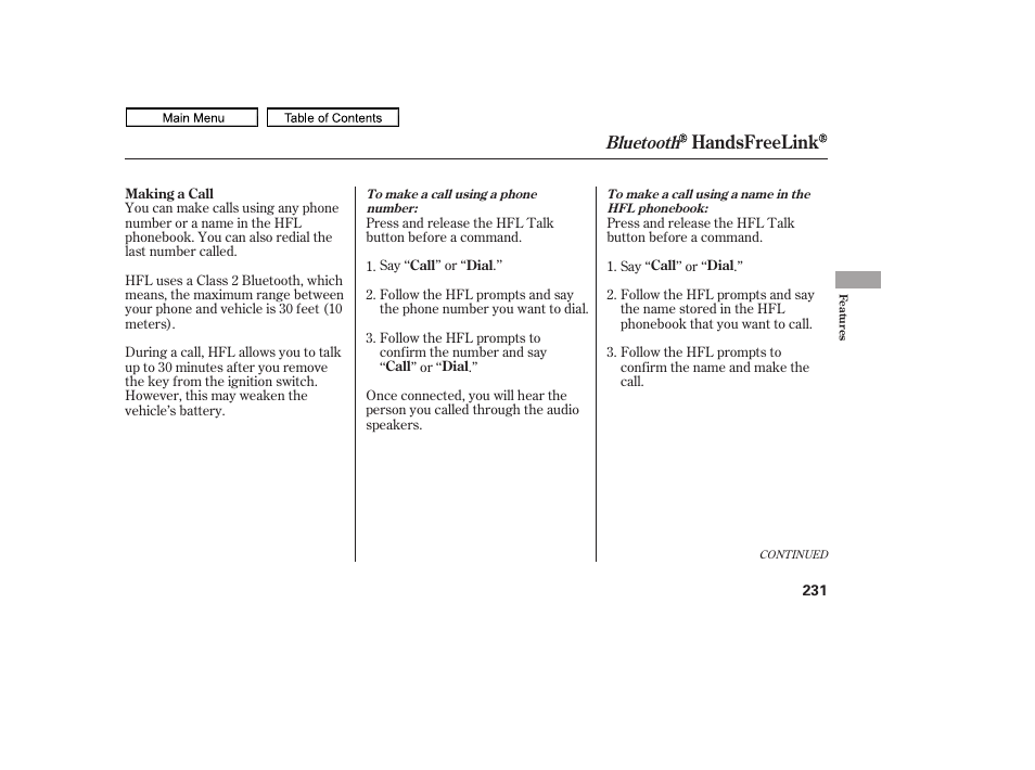 Handsfreelink, Bluetooth | HONDA 2011 Ridgeline User Manual | Page 235 / 423