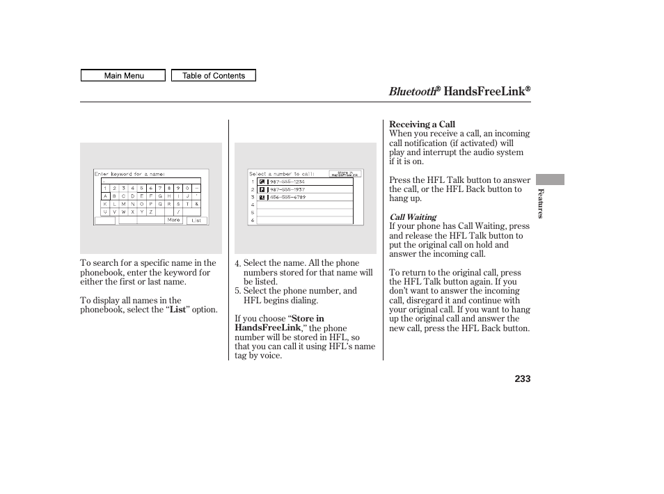Handsfreelink, Bluetooth | HONDA 2011 Ridgeline User Manual | Page 237 / 423