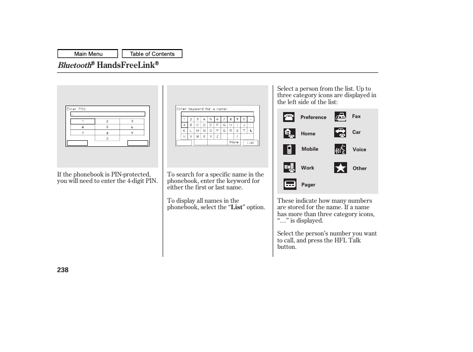 Handsfreelink, Bluetooth | HONDA 2011 Ridgeline User Manual | Page 242 / 423