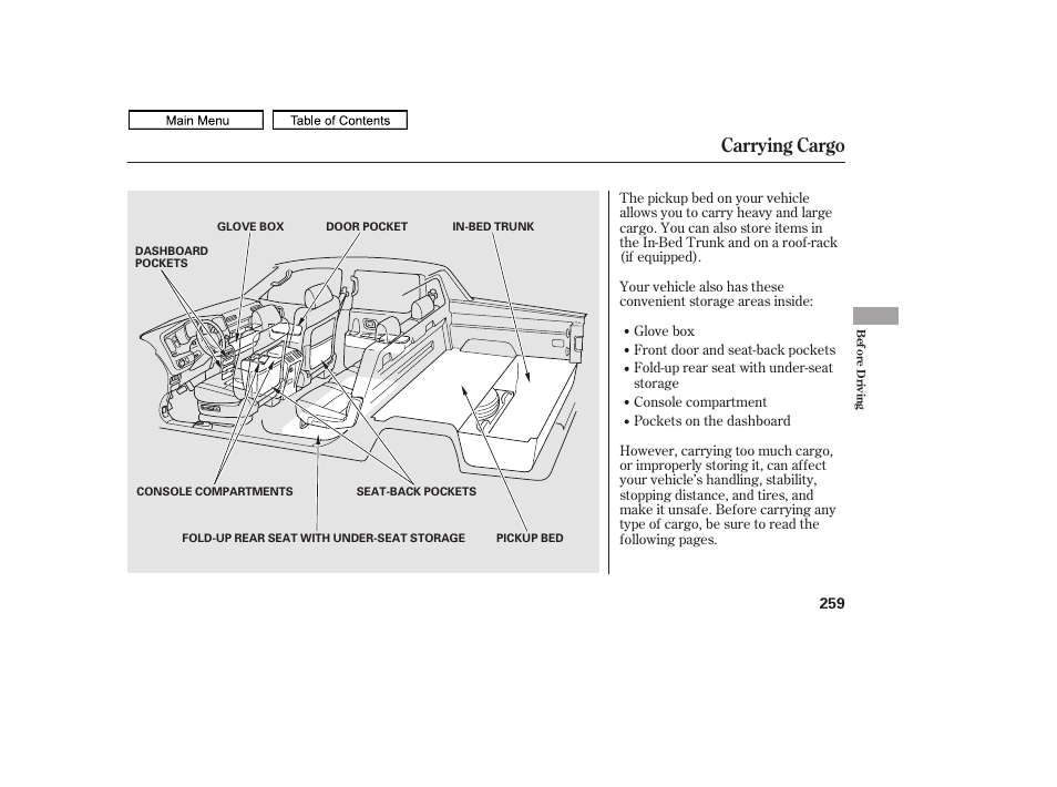 Carrying cargo, 2011 ridgeline | HONDA 2011 Ridgeline User Manual | Page 263 / 423
