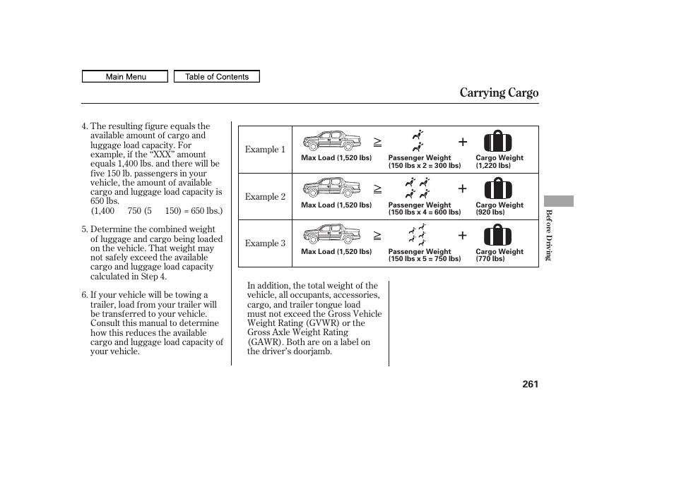Carrying cargo, 2011 ridgeline | HONDA 2011 Ridgeline User Manual | Page 265 / 423