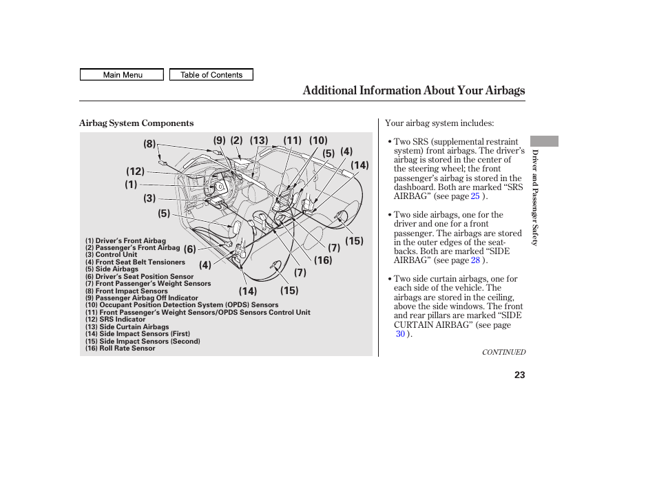 Additional information about your airbags | HONDA 2011 Ridgeline User Manual | Page 27 / 423