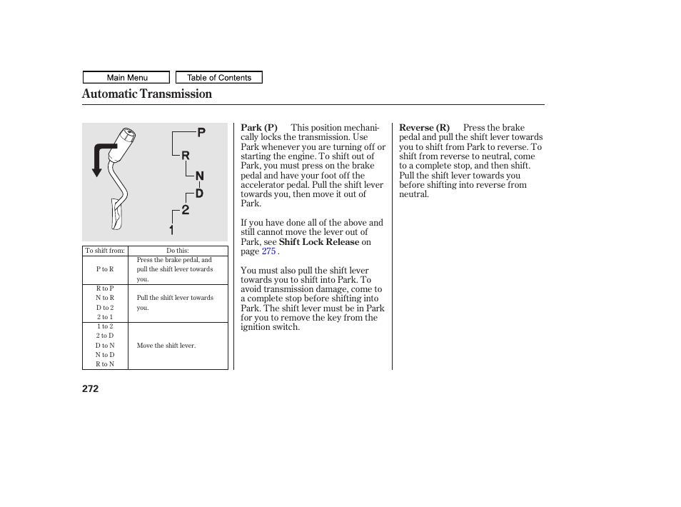 Automatic transmission, 2011 ridgeline | HONDA 2011 Ridgeline User Manual | Page 276 / 423