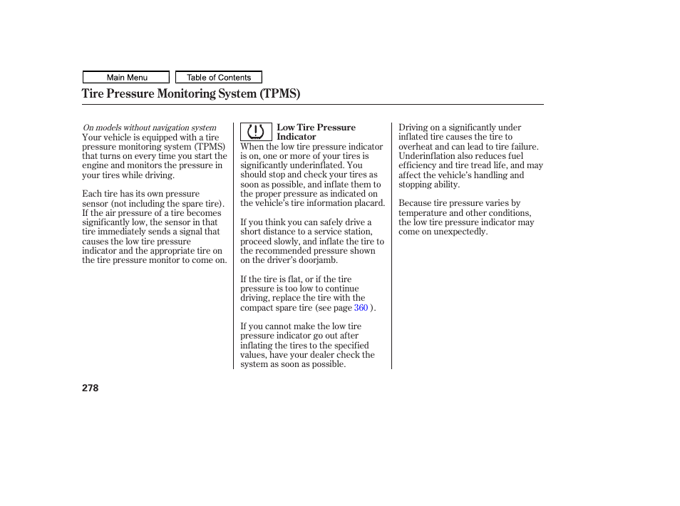 Tire pressure monitoring system (tpms) | HONDA 2011 Ridgeline User Manual | Page 282 / 423