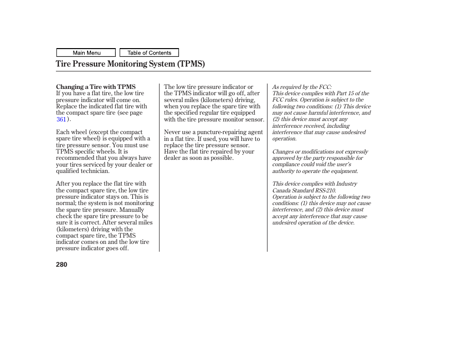 Tire pressure monitoring system (tpms) | HONDA 2011 Ridgeline User Manual | Page 284 / 423