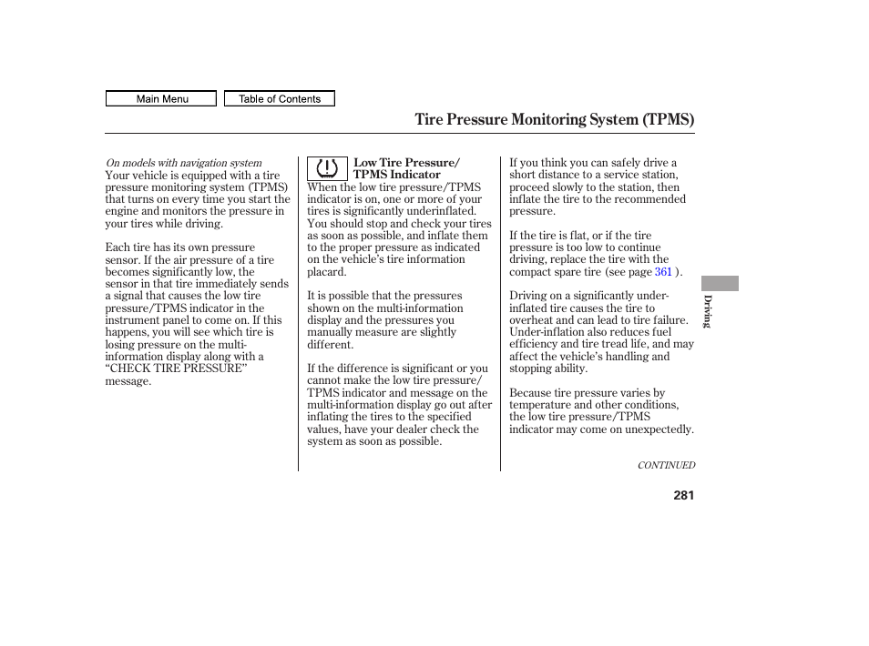 Tire pressure monitoring system (tpms) | HONDA 2011 Ridgeline User Manual | Page 285 / 423