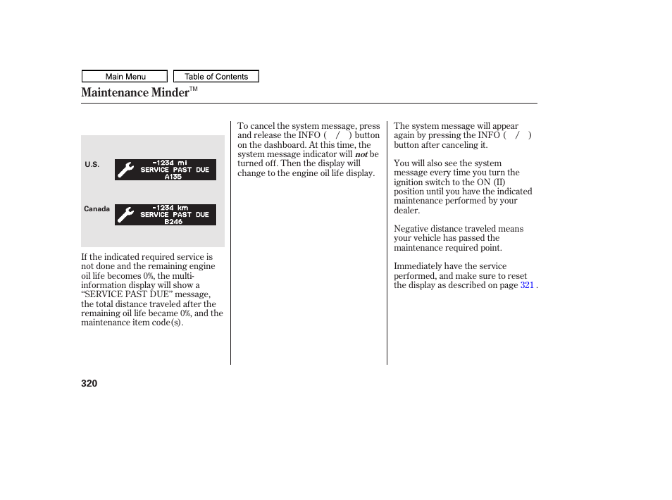 Maintenance minder | HONDA 2011 Ridgeline User Manual | Page 324 / 423