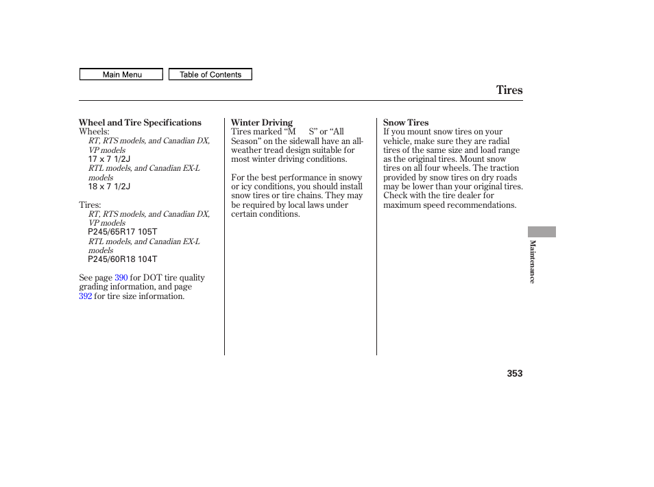 Tires | HONDA 2011 Ridgeline User Manual | Page 357 / 423