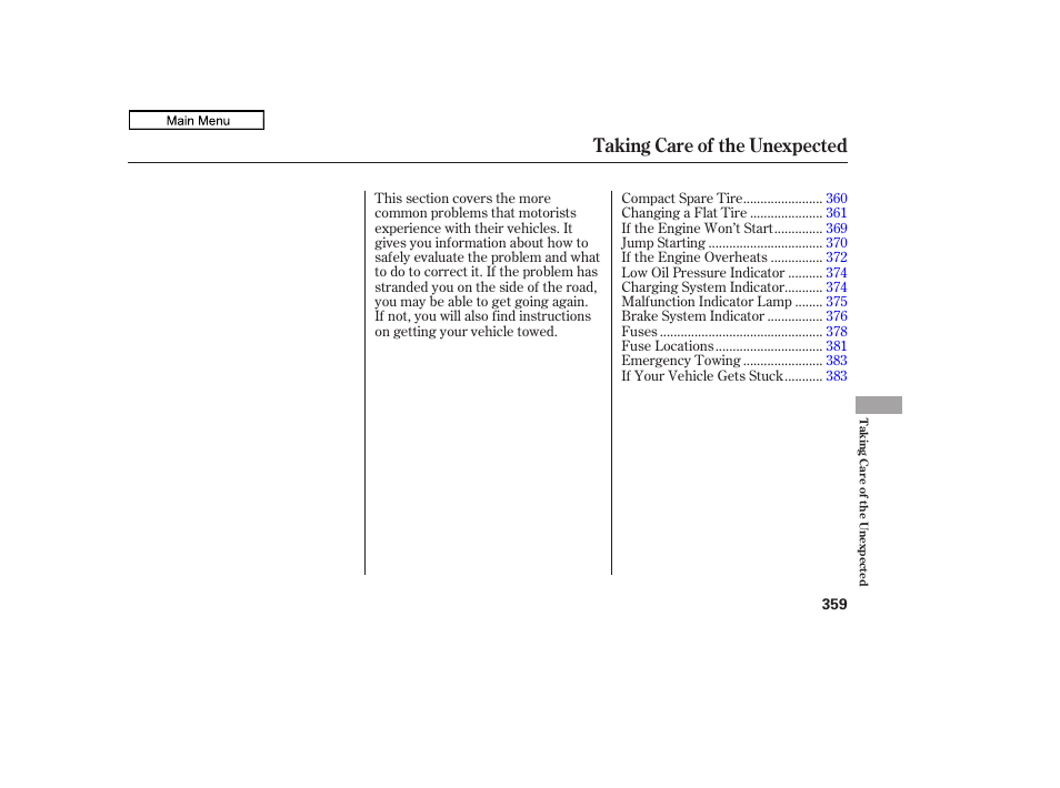 Taking care of the unexpected | HONDA 2011 Ridgeline User Manual | Page 363 / 423