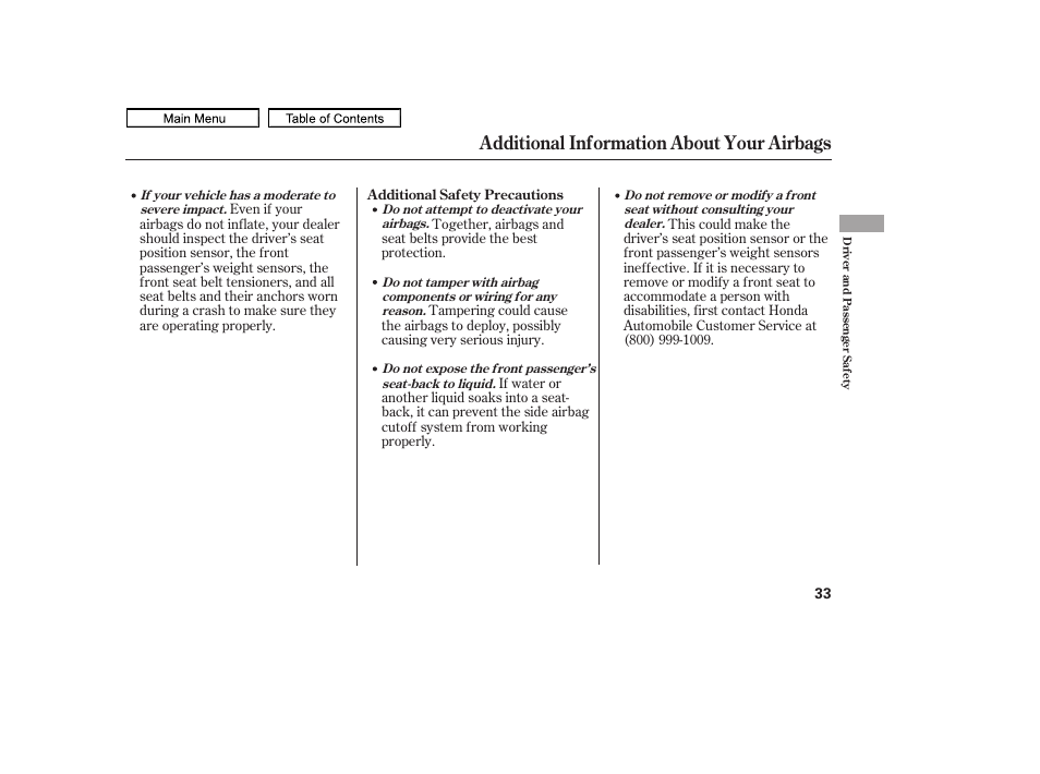 Additional information about your airbags | HONDA 2011 Ridgeline User Manual | Page 37 / 423