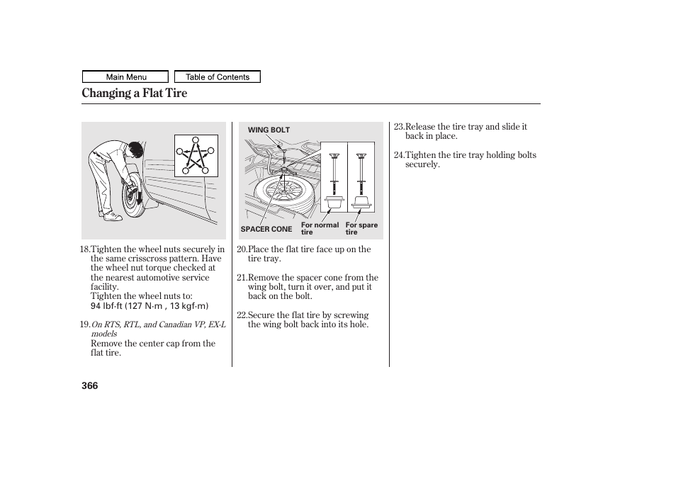 Changing a flat tire | HONDA 2011 Ridgeline User Manual | Page 370 / 423