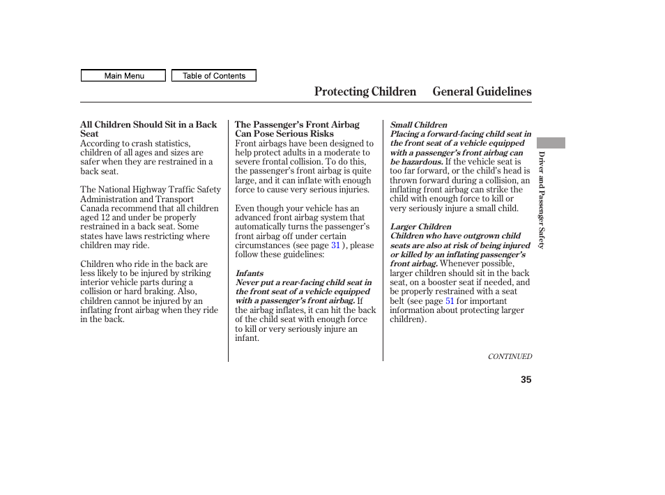 Protecting children general guidelines | HONDA 2011 Ridgeline User Manual | Page 39 / 423