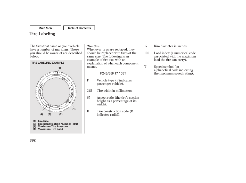 Tire labeling | HONDA 2011 Ridgeline User Manual | Page 396 / 423