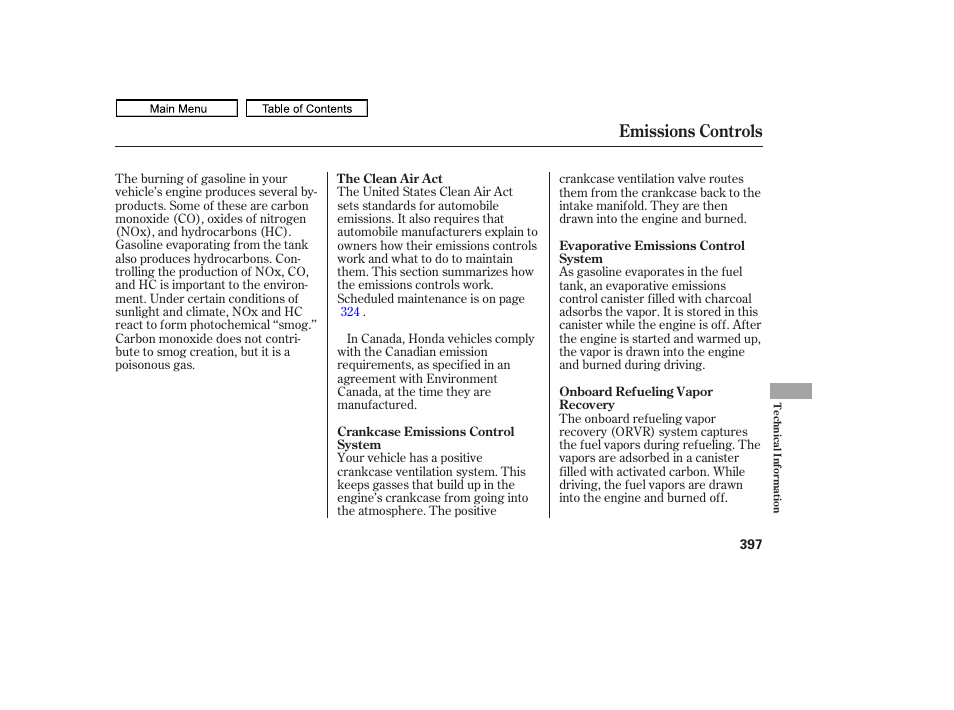 Emissions controls | HONDA 2011 Ridgeline User Manual | Page 401 / 423