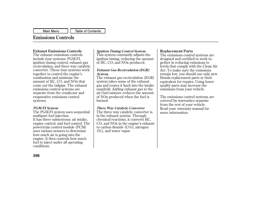 Emissions controls | HONDA 2011 Ridgeline User Manual | Page 402 / 423