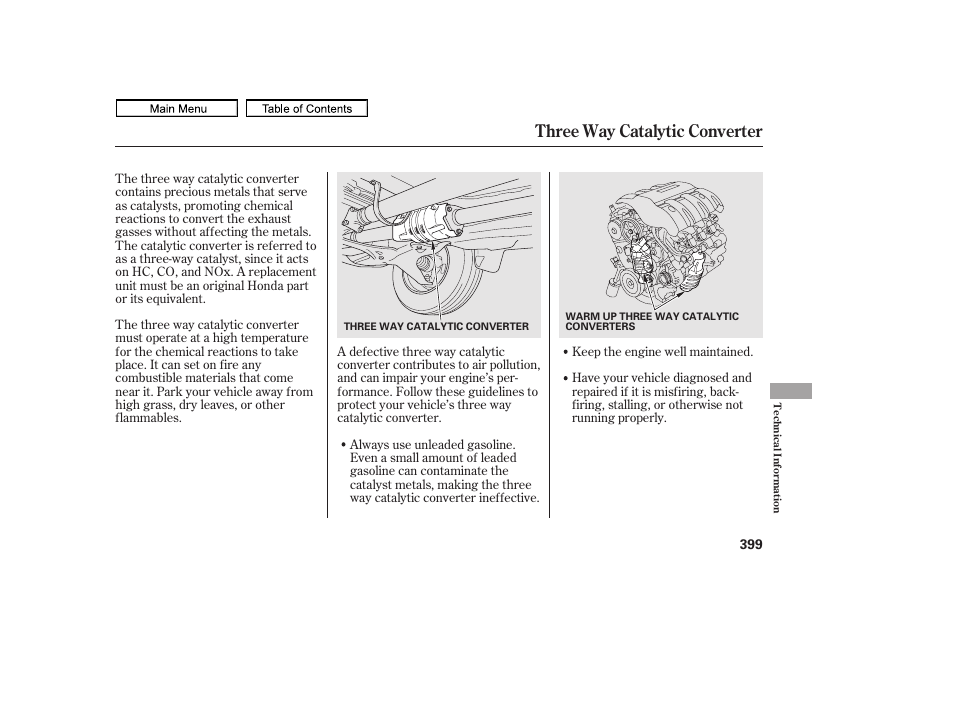 Three way catalytic converter | HONDA 2011 Ridgeline User Manual | Page 403 / 423