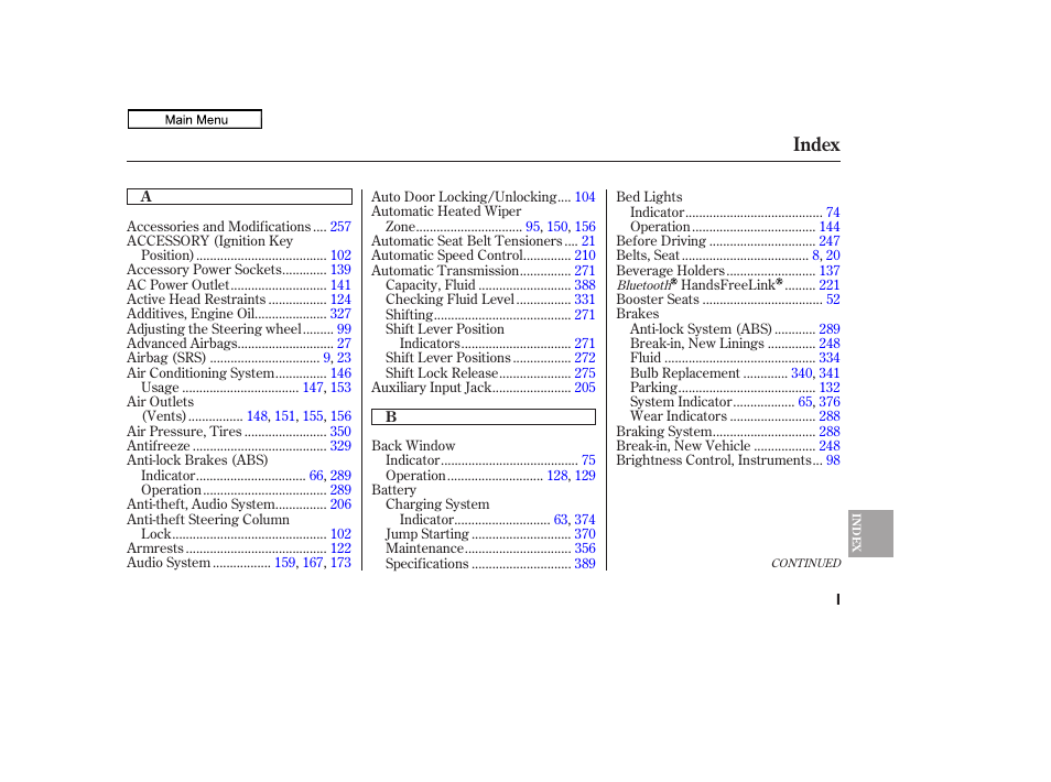 Index | HONDA 2011 Ridgeline User Manual | Page 412 / 423