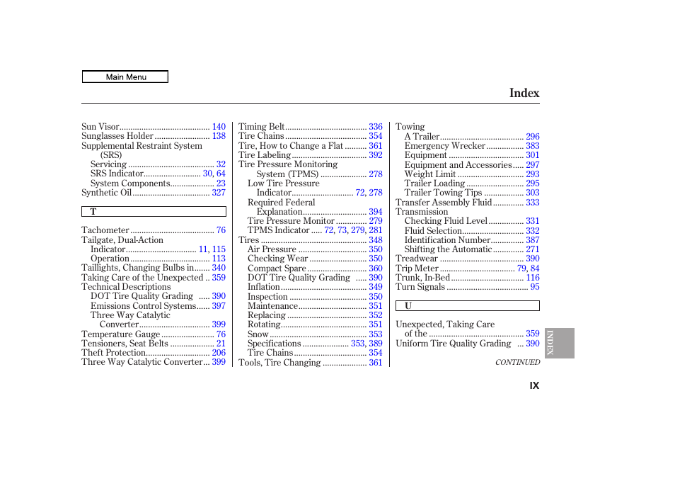 Index | HONDA 2011 Ridgeline User Manual | Page 420 / 423