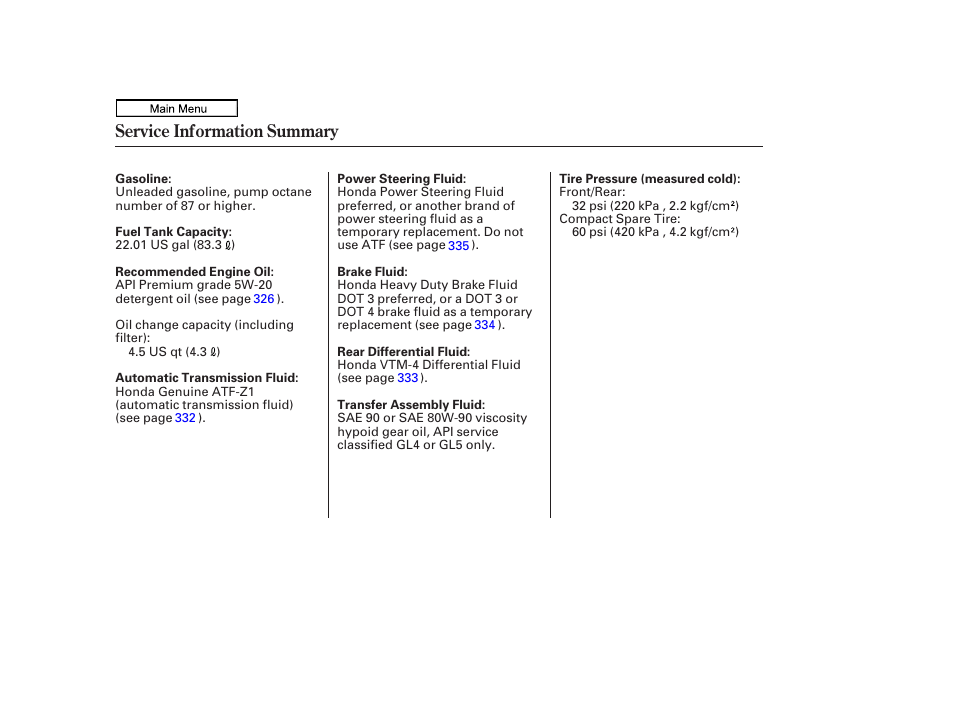 Service inf ormation summary, Service information summary | HONDA 2011 Ridgeline User Manual | Page 422 / 423