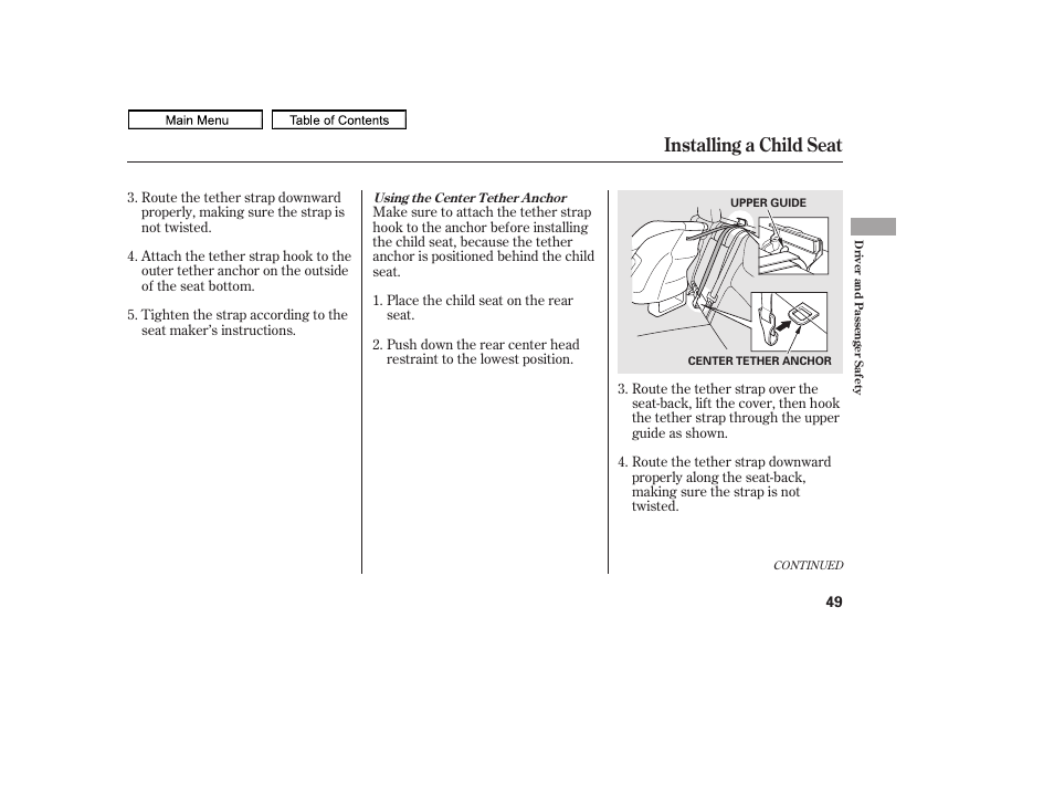 Installing a child seat, 2011 ridgeline | HONDA 2011 Ridgeline User Manual | Page 53 / 423
