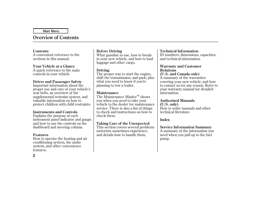 Overview of contents | HONDA 2011 Ridgeline User Manual | Page 6 / 423