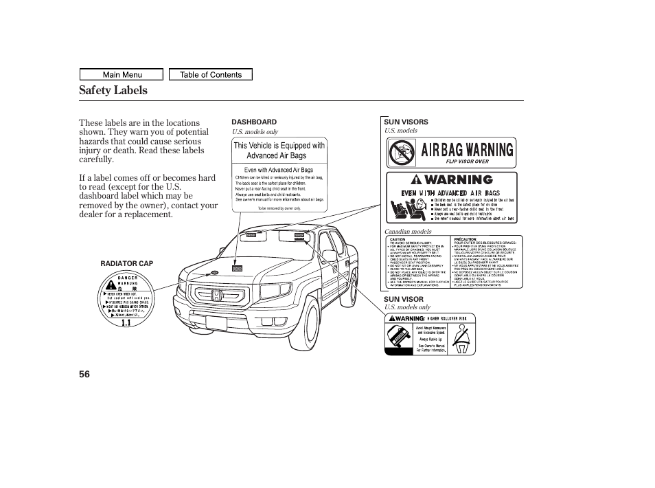 Safety labels, 2011 ridgeline | HONDA 2011 Ridgeline User Manual | Page 60 / 423